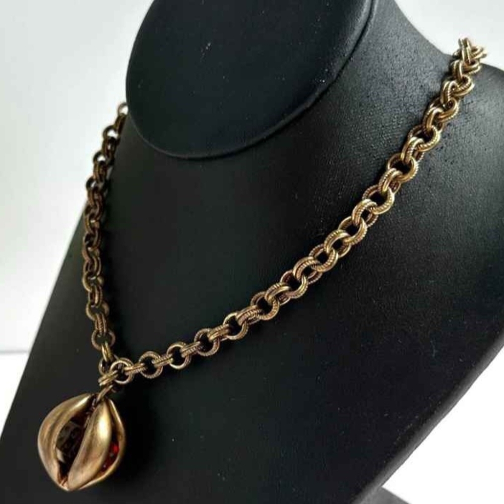 Vintage Brass Dice Pendant Necklace with Encased Glass Dice Mid Century Lucky Ch